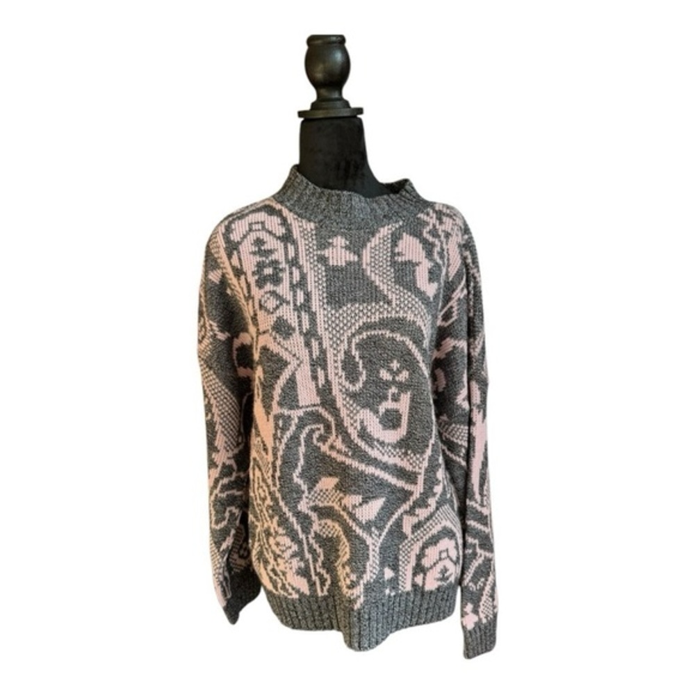 VTG‎ 80s SPAR Knitwear Crazy Print Sweater oversized Sz XL pink and grey USA